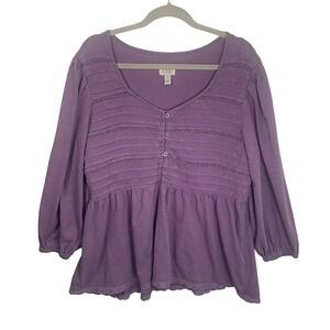 LOGO Lori Goldstein Size XL Purple Cotton Pintuck Lace Peplum Top A692534 Womens